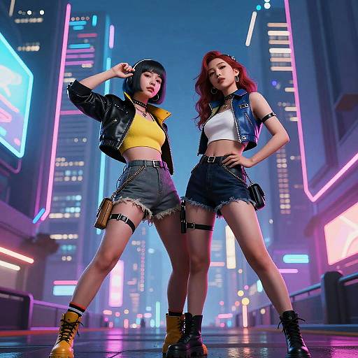 Two Women in Cyberpunk Cityscape
