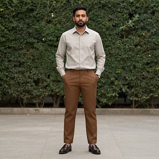 Photograph of a bearded man with dark hair, light skin, wearing a white shirt, brown pants, and brown shoes, standing confidently against a