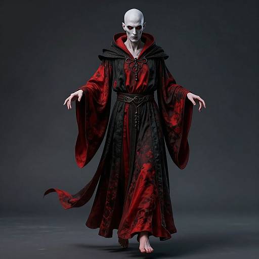CGI image of a bald, white-skinned, skeletal figure in a flowing black and red robe, standing against a dark blue background with arms out
