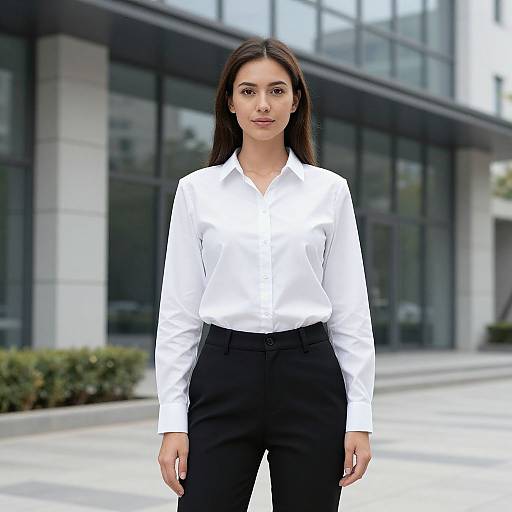 Photograph of a young woman with long dark hair, wearing a white button-up shirt and black pants, standing in front of a modern glass building.