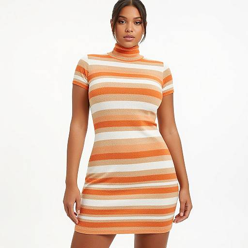 Photograph of a Black woman with dark skin and braided hair, wearing a form-fitting, short-sleeved, orange and white striped dress