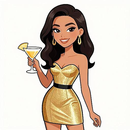 Cartoon-style illustration of a smiling, dark-haired woman in a gold, strapless mini dress, holding a martini glass with a lemon twist,