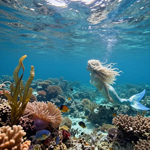 Photograph of a mermaid with long, flowing blonde hair and blue tail swimming among vibrant coral reefs and colorful fish underwater.