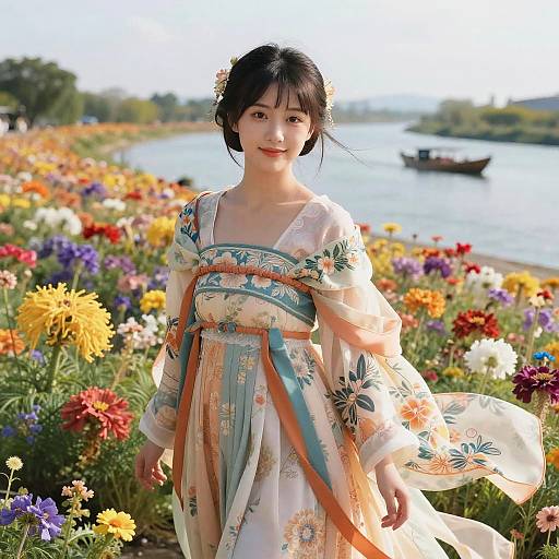 Asian woman in floral kimono standing in vibrant flower field by river, sunlight, boat in background, serene, colorful, traditional attire.