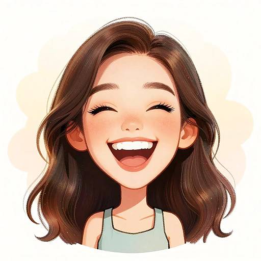 Digital anime-style portrait of a happy young girl with long brown hair, closed eyes, and wide open smile against a white background.