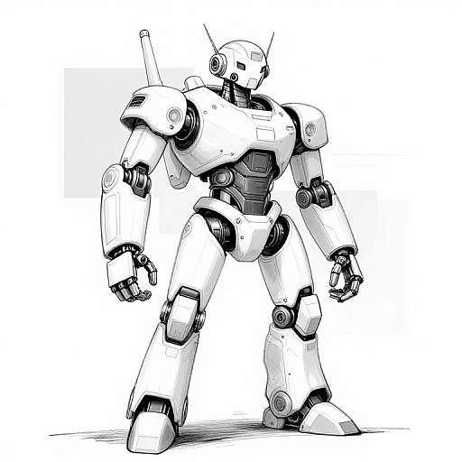 Black and white digital drawing of a humanoid robot with angular armor, large shoulders, and visible joints, standing on a simple white background.