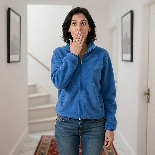 Surprised Woman in Bright Hallway