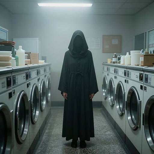 Photograph of a person in a black hooded robe standing in a dimly lit laundry room with front-loading washers and dryers.