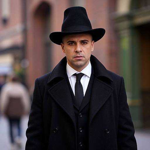 Photograph of a serious, light-skinned man in a black fedora, suit, and overcoat, standing in a blurred urban street.