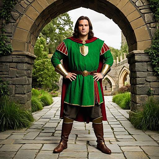 Medieval Knight in Green Tunic Under Stone Archway