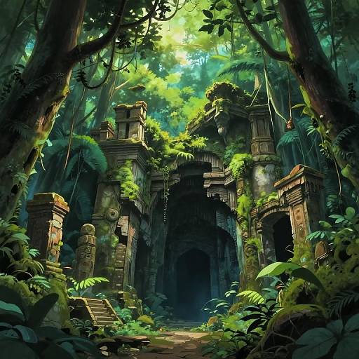 Mysterious, ancient stone archway overgrown with lush green foliage, surrounded by dense, sunlit jungle. Digital art with vibrant, detailed textures.