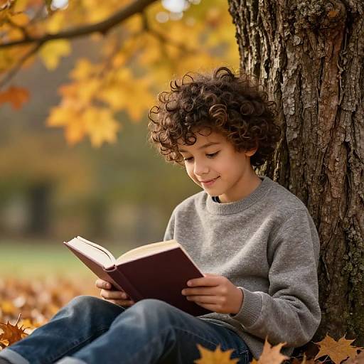 Photograph of a curly-haired, young boy in a gray sweater, sitting against a tree, reading a book with autumn leaves around.
