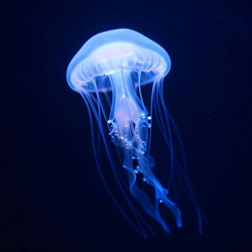 Glowing blue jellyfish with translucent tentacles floating in a dark blue ocean, photograph capturing ethereal underwater beauty.