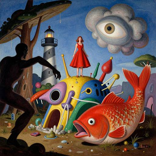 Whimsical surrealist painting: Red-dressed girl on colorful, cartoonish animal-lighthouse; large eye cloud; red fish; silhouette figure reaching