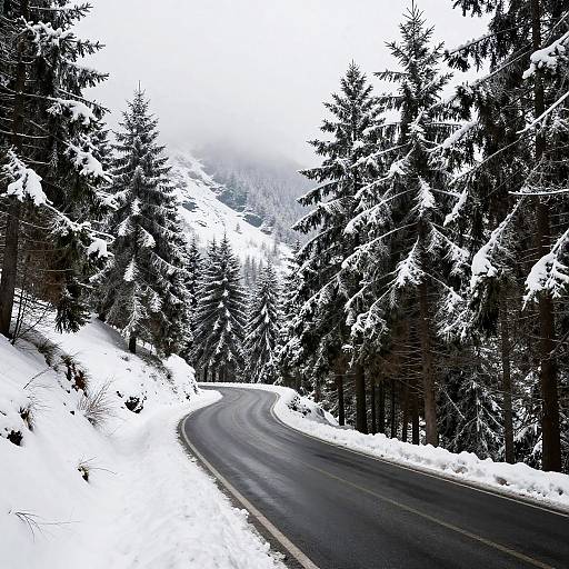 Misty Snowy Mountain Forest Road