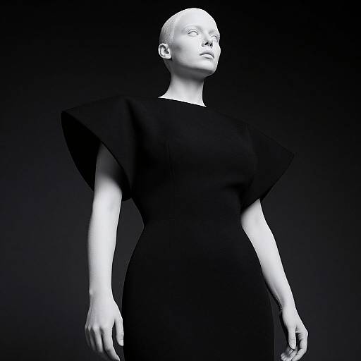 Monochrome photograph of a bald, white, female mannequin in a sleek, black, high-neck dress with dramatic, angular sleeves, standing against