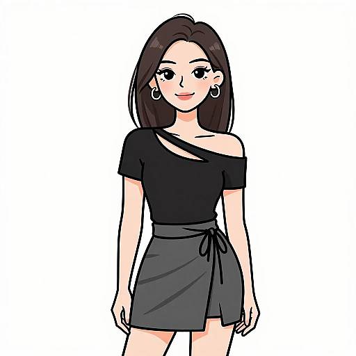 Digital drawing of a smiling young woman with straight dark brown hair, wearing an off-shoulder black top and gray skirt, against a white background.