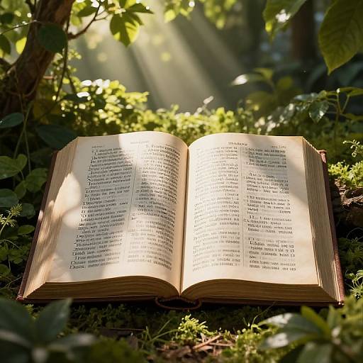 Photograph of an open book with text, lying on lush green forest floor, bathed in sunlight filtering through leaves.