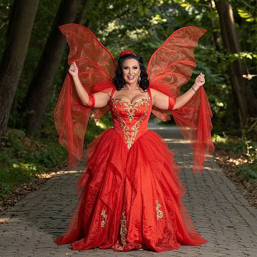 Photograph of a fair-skinned woman with black hair, wearing a vibrant red, lace-embroidered ball gown and red fairy wings, standing