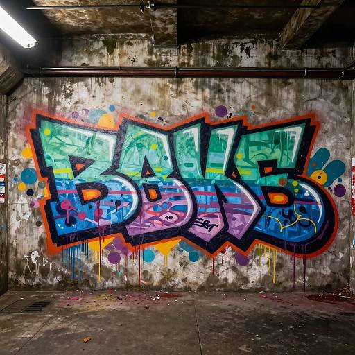 Vibrant graffiti mural in an underground urban tunnel, featuring bold, colorful letters 