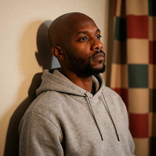 Contemplative Black Man in Gray Hoodie