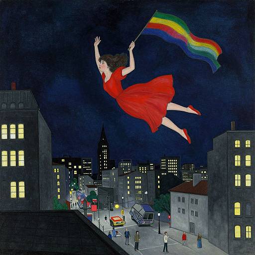 Digital painting of a woman in a red dress, flying through a dark night sky with a rainbow flag, above a cityscape with lit buildings and street