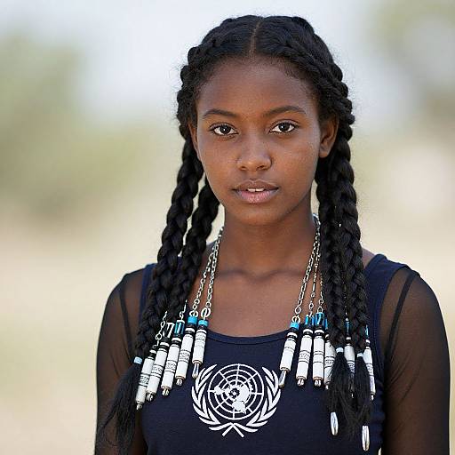 Photograph of a young Black woman with braided hair, wearing a black top with white circular necklace, standing outdoors. Blurred green and white background