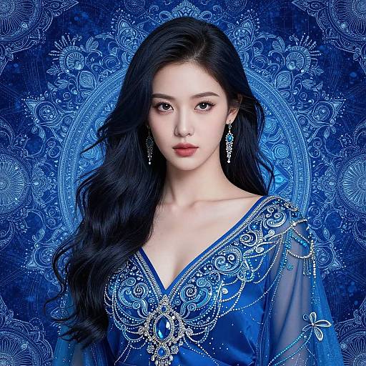 Photorealistic digital portrait of an East Asian woman with long black hair, wearing an ornate blue embroidered traditional dress, against a intricate blue mandala