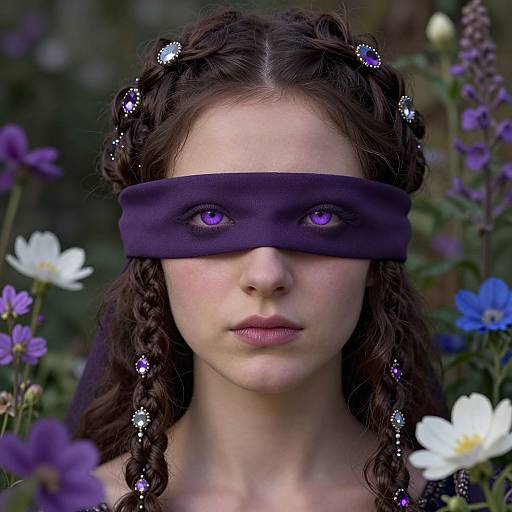 Photograph of a fair-skinned woman with purple eyes, dark braided hair adorned with sparkling flowers, wearing a purple blindfold, surrounded by vibrant