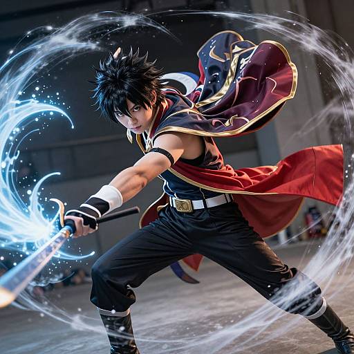 Digital anime artwork of a muscular, black-haired male warrior in a red cape, wielding a glowing blue energy sword in a dynamic battle pose. Dark,