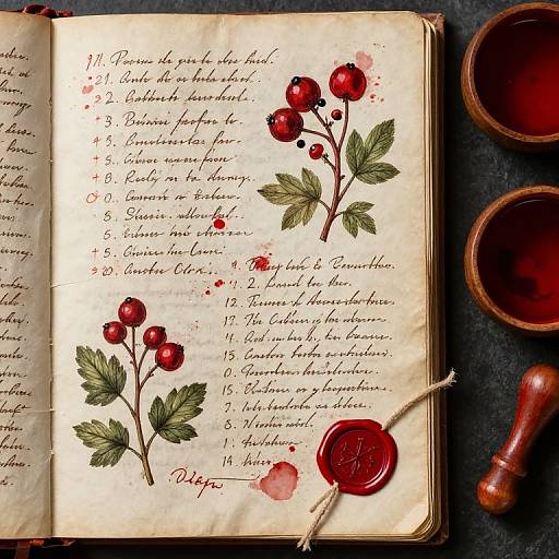 Vintage journal with handwritten text, red wax seal, and botanical ink illustrations of cherry branches; two wooden cups nearby.