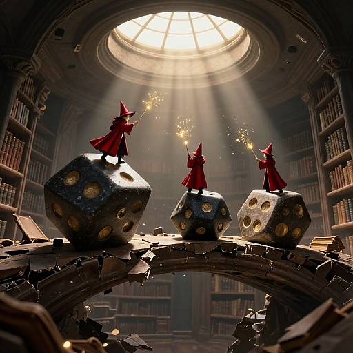 Photorealistic CGI of three red-hatted wizards on dice atop a cracked arch, illuminated by sunlight from a circular skylight, in a grand