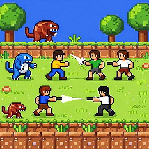Pixel art of a playful battle scene: six boys in colorful shirts fight pixelated dinosaurs on a grassy field with trees and a brick fence under a