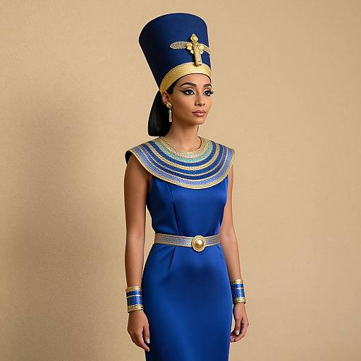 Photograph of an African woman in an Egyptian-inspired blue dress with gold accents, blue headdress, and jewelry, standing against a beige background.