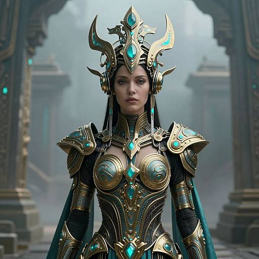 Digital artwork of a fierce, armored woman with glowing turquoise accents, ornate gold helmet, and intricate breastplate, standing in a misty, ancient