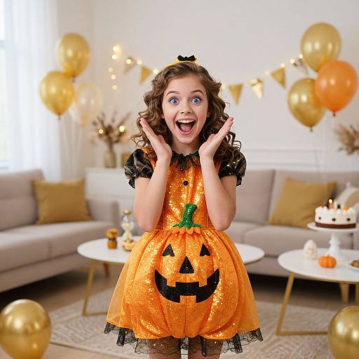 Photograph of a curly-haired woman in an orange pumpkin dress with a jack-o'-lantern face, excitedly laughing in a bright, decorated living