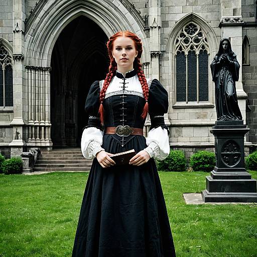 Young Woman in Gothic Victorian Dress at Church Entrance