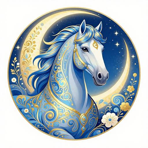Digital illustration of a majestic white horse with blue mane and gold accents, set against a crescent moon and starry night sky with floral patterns. Circular