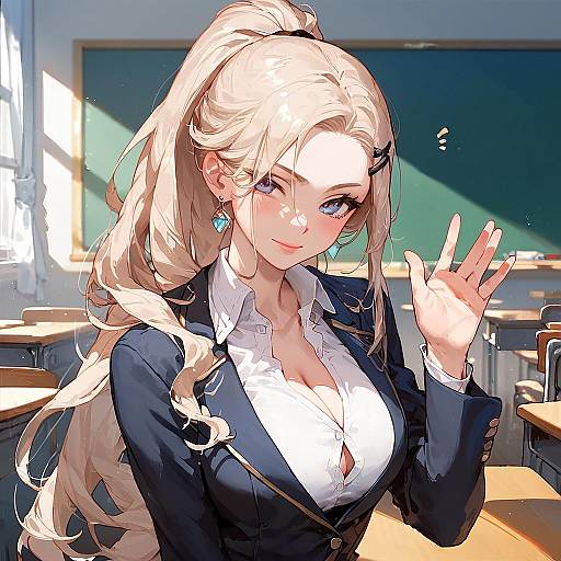 Anime Schoolgirl Waving in Classroom