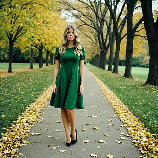 Woman in Green Dress Standing on Autumn Park Path