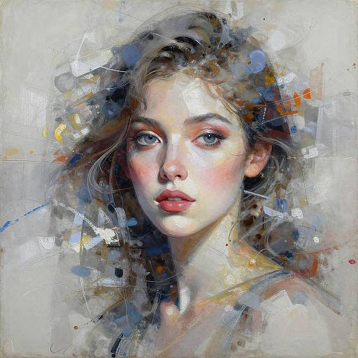 Digital painting of a young woman with blue eyes, fair skin, and wavy brown hair, surrounded by abstract splashes of blue, white, and