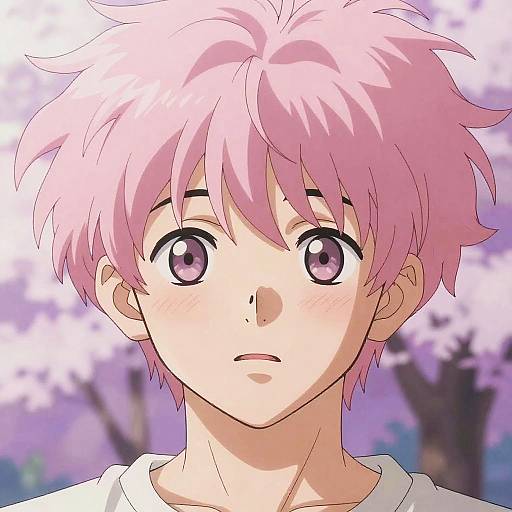 Anime-style digital drawing of a young boy with messy pink hair, large purple eyes, and a neutral expression, set against a blurred cherry blossom background.