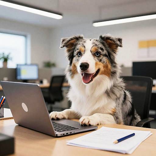 Blue Merle Australian Shepherd Using Laptop in Office
