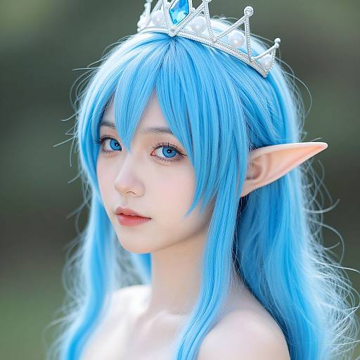 Photograph of a young woman with long, bright blue hair, elf ears, and a silver crown, standing outdoors with a blurred green background, wearing