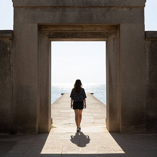 Photograph of a woman with dark hair, wearing a black shirt and shorts, walking through a sunlit stone archway onto a bright, reflective waterfront