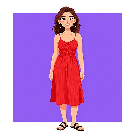 Digital illustration of a smiling woman with wavy brown hair, wearing a red sundress, black sandals, and hoop earrings, against a purple background.