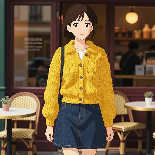 Woman in Mustard Cardigan at Montmartre Cafe