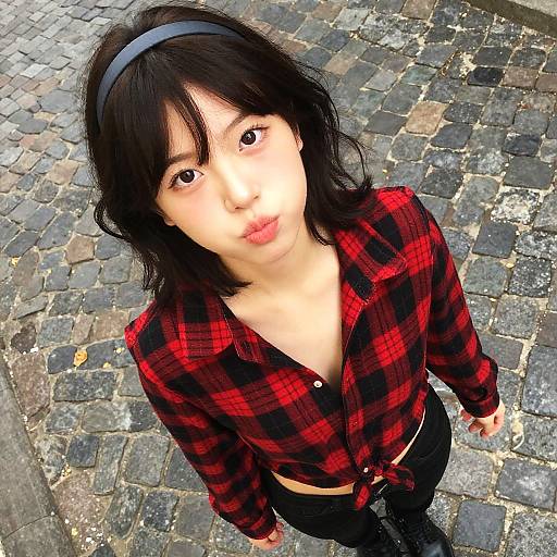 Young Asian woman with black hair and headband, wearing red plaid shirt and black pants, standing on cobblestone street, looking up. Photograph