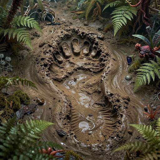 Photorealistic CGI of a muddy, winding forest path with ferns, moss, and small plants framing a deep, footprint-like depression in the