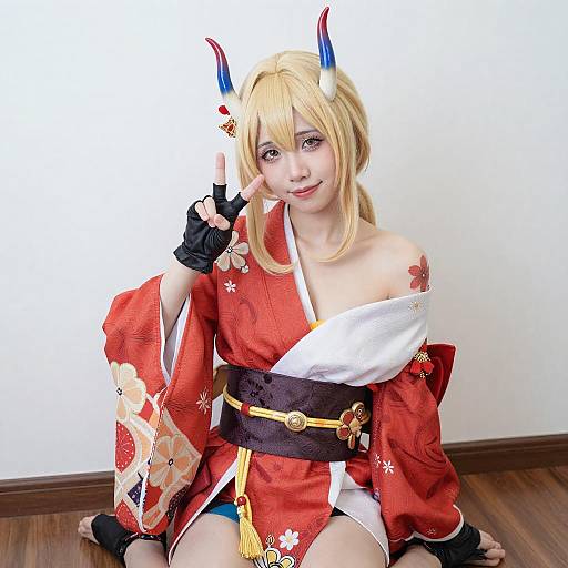 Blonde Woman in Floral Kimono Cosplay